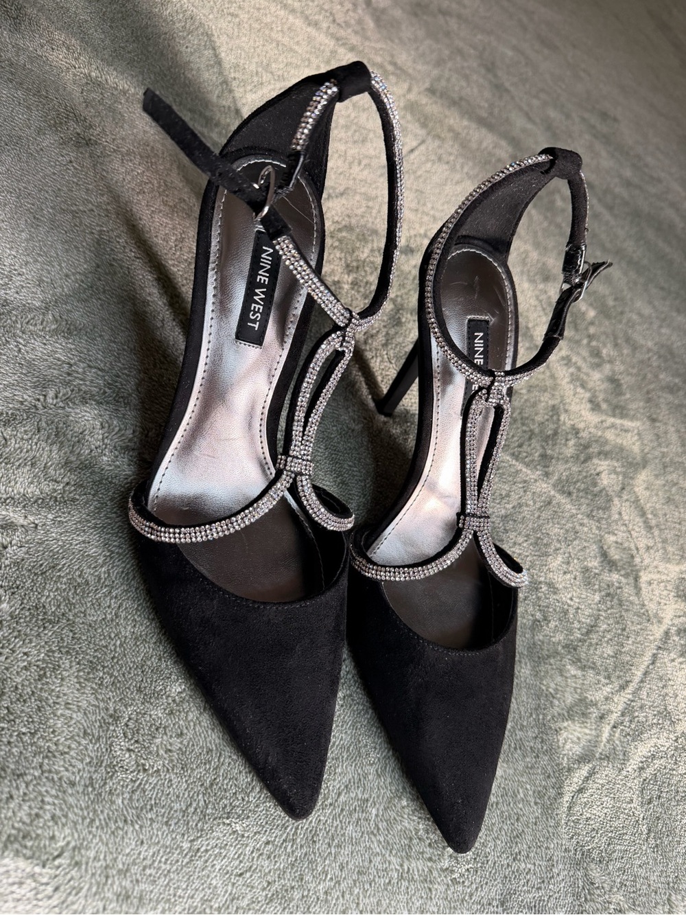 Nine West Black Suede T-Strap Pointed Rhinestone Heels size 7.5 NWT